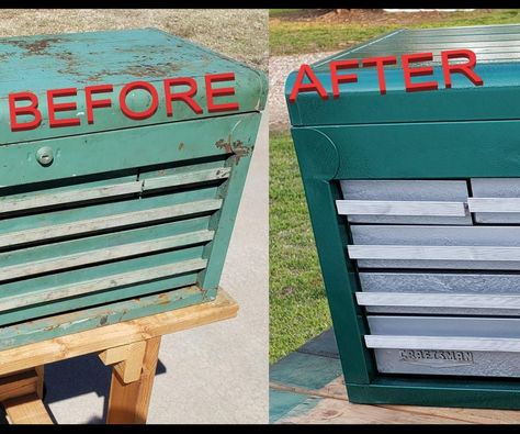 Painted Tool Boxes, Craftsman Tools Chest, Tool Restoration, Old Tool Boxes, Tool Box Diy, Tool Chests, Rent House, Metal Tool Box, Stripping Paint