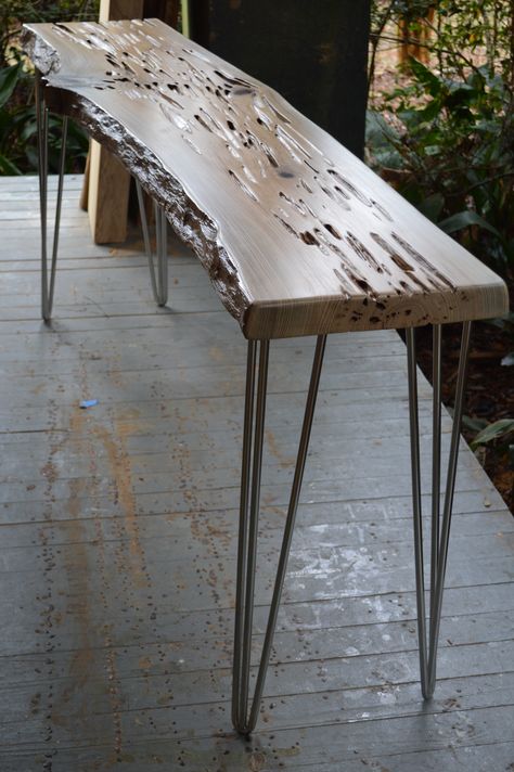 Sinker Pecky Cypress Sofa Table with Stainless Steel Hairpin Legs Cypress Wood Projects, Cypress Furniture, Cypress Coffee Table, End Table With Hairpin Legs Diy, Sinker Cypress Table, Iron Hairpin Table Legs, Rustic Wood Projects, Pecky Cypress, Tree Stump Table