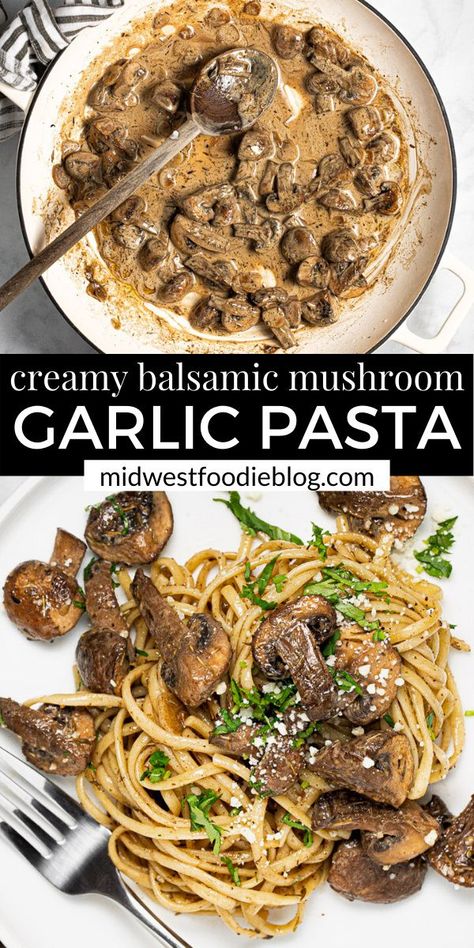 This Creamy Mushroom Pasta Recipe is a quick and easy weeknight dinner that tastes like it came from your favorite local bistro! Balsamic vinegar and garlic boost the mushrooms’ umami flavor to create a fully satisfying vegetarian meal. Crimini Mushroom Recipes, Mushroom Linguine, Mushroom Dishes, Balsamic Mushrooms, Mushroom Recipes Pasta, Creamy Mushroom Pasta, Night Recipes, Creamy Pasta Recipes, One Pot Dinners