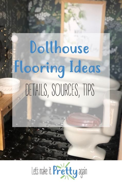 DIY dollhouse floor tile and hardwood floors from pole wrap are simple to install Dollhouse Floors Diy, Diy Dollhouse Tile Floor, Dollhouse Flooring Diy, Doll House Bathroom, Making Minatures, Dollhouse Furniture Plans, Mosaic Tile Bathroom Floor, Tile And Hardwood, Dollhouse Shelf