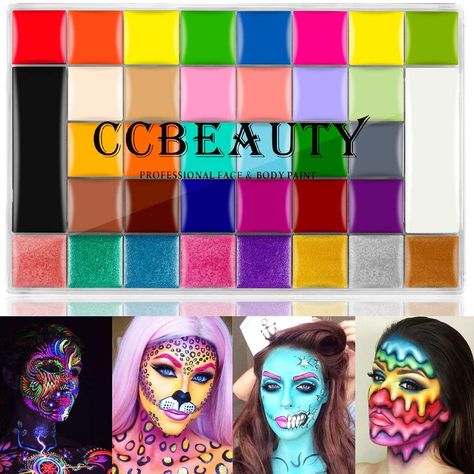 CCbeauty Face Body Paint Kit Professional 36 Colors Face Painting Kit Cosplay Makeup Palette Halloween Special Effects SFX Makeup Kit Body Art Party Fancy Make Up with 10 Pink Brushes Clown Sfx Makeup, Professional Halloween Makeup, Pink Face Paint, Face Paint Set, Face Paint Brushes, Face Paint Kit, Neon Makeup, Painting Colors, Kids Face Paint