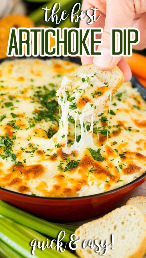 This artichoke dip recipe is a blend of three types of cheese, artichoke hearts, garlic and herbs, all baked together to golden brown perfection. Artichoke And Cream Cheese Dip, Artichoke Hot Dip, Artichoke Cheese Dip Baked, Three Cheese Artichoke Dip, Baked Artichoke Dip Recipe, Artichoke Heart Dip Recipes, Paula Deen Artichoke Dip, Artichoke And Cheese Dip, Artichoke And Asiago Dip Recipe