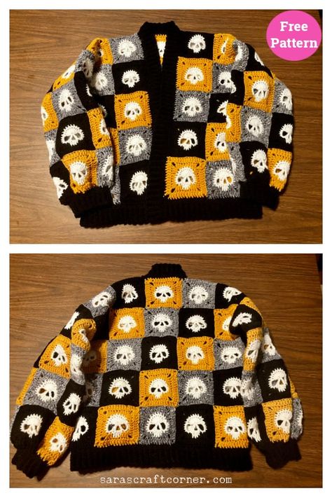 Granny Square Skull Sweater Free Crochet Pattern Sweater Crochet Patterns, Halloween Knitting Patterns, Crochet Skull Patterns, Granny Square Pattern Free, Crochet Granny Square Tutorial, Crochet Patterns Filet, Crochet Cardigan Pattern Free, Crochet Skull, Skull Sweater