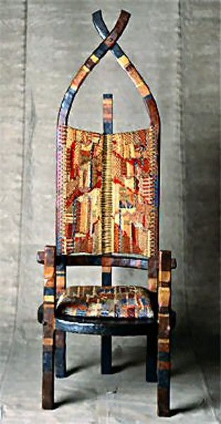 "African Chair"<br /> Oak and cherrywood<br /> Painted in blue, different reds, yellow, gold;<br /> adapted to the colour scheme of the fabric<br /> Warp: strongly twisted hemp<br /> Weft: hemp, wool, cotton. silk <br /> 1921<br /> 179.4 x 65 x 67.1 (HxWxD)<br /> <br /> Bauhaus-Archiv, Berlin African Chair, Bauhaus School, Bauhaus Architecture, African Furniture, Colorful Textiles, Walter Gropius, Josef Albers, Marcel Breuer, Pierre Jeanneret