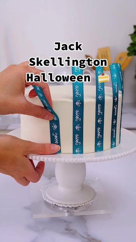 jack skellington halloween cake! I used my ribbon method to create the stripes on the side! Who next Oogie boogie or Zero? #halloweencake #spookyseason #thenightmarebeforechristmas #baking #cakedecorating #cupcakes | Baking Sweet | Baking Sweet · Original audio Nightmare Before Christmas Cake Ideas, Jack Skellington Cake, Christmas Birthday Cake, Nightmare Before Christmas Cake, Cake Themes, Bakery Goods, Striped Cake, Cupcake Cake Designs, Christmas Cake Recipes