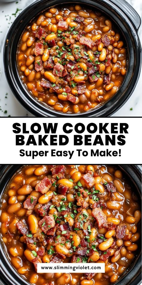 Looking for a hearty, savory side that’s a breeze to make? These slow cooker baked beans are rich, flavorful, and perfect for any gathering. Pin this for a no-fuss dish that’s always a hit! Baked Bean Crockpot Recipes, Bbq Baked Beans Crock Pot, Baked Beans Slow Cooker Recipe, Baked Beans In The Crockpot, Beans Slow Cooker Recipes, Crock Pot Baked Beans Recipe, Slow Cooker Baked Beans From Dry Beans, Easy Baked Beans Crock Pot, Baked Beans In Slow Cooker