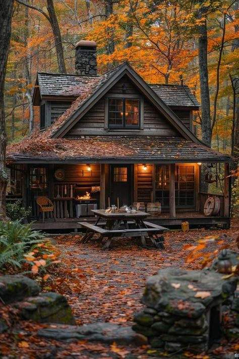 🍁🧡🍂🍁🧡🍂🍁🧡🍂 Wooden Cabins Forest, Amazing Cabins In The Woods, Dreamy Cabin In The Woods, Log Cabin Outside, Woodsy Cottage Exterior, Tiny Home In Woods, Gothic Log Cabin, A Frame Cabin Design, Rustic Cabin Aesthetic