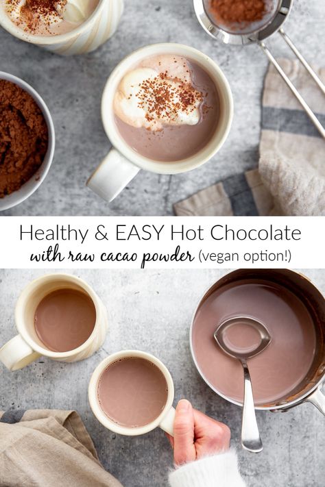 Healthy Hot Chocolate with Cacao Powder | From Scratch Fast Hot Chocolate With Cocoa Powder, Cacao Hot Chocolate, Cacao Powder Recipe, Healthy Hot Chocolate Recipe, Easy Hot Chocolate, Cocoa Powder Recipes, Healthy Hot Chocolate, Cacao Recipes, Vegan Hot Chocolate