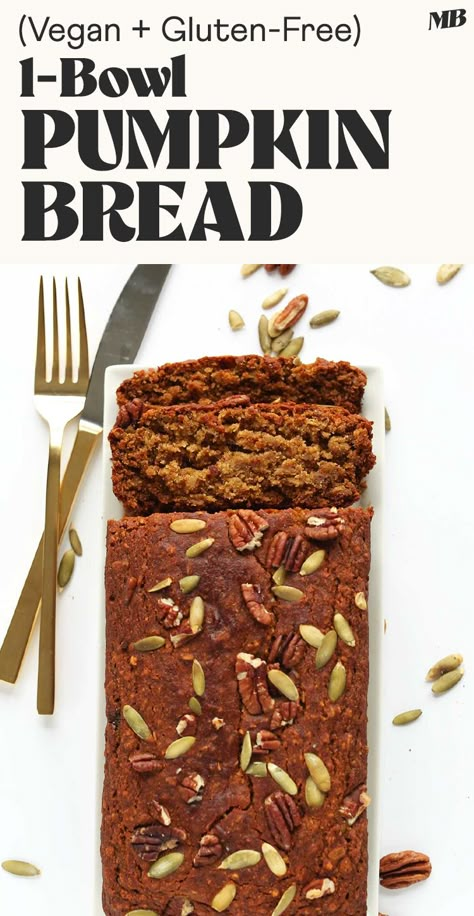 Tender, moist, vegan + gluten-free pumpkin bread made in just 1 bowl! Perfectly spiced and sweet, and ideal for breakfast, snacking, and fall gatherings. Gluten Free Vegan Pumpkin Bread, Spiced Pumpkin Bread, Vegan Pumpkin Bread, Baking Bad, Gluten Free Pumpkin Bread, Fluffy Cinnamon Rolls, Minimalist Baker, Fall Snacks, Spiced Pumpkin