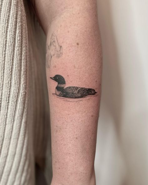 Mae Wu (@mae.tattoo) • Instagram photos and videos Minnesota Loon Tattoo, Wisconsin Tattoo Ideas, Loon Tattoo Ideas Design, Waterfowl Tattoo, Wood Duck Tattoo, Nature Tattoos Simple, Canada Tattoo Ideas, Aged Tattoo, Loon Tattoo Ideas