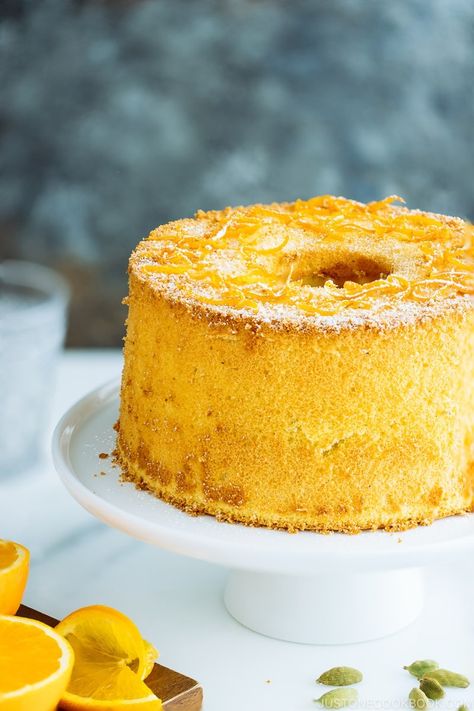 Airy, bouncy, and lightly sweet, Orange Chiffon Cake is an elegant pastry with a warm, citrusy aroma from orange zest and a hint of cardamom. #orange #chiffoncake | Easy Japanese Recipes at JustOneCookbook.com Japanese Chiffon Cake Recipes, Orange Chiffon Cake Recipe, Elegant Pastry, Chiffon Cake Recipe, Orange Chiffon Cake, Citrus Zester, Japanese Pastries, Easy Japanese Recipes, Measuring Ingredients