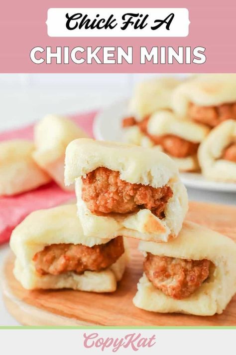 Recreate the magic of Chick Fil A Chicken Minis at home with this quick and easy copycat recipe! Dive into these mouthwatering, air-fried Southern-style chicken nuggets tucked into soft, freshly baked yeast rolls glazed with honey butter. These DIY mini chicken sandwiches are perfect for breakfast or any time you crave a delightful bite. Find out how to make the best chicken minis with a few simple ingredients. Chick Fil A Chicken Minis, Mini Chicken Sandwiches, Chick Fil A Recipe, Chicken Minis, Homemade Appetizer, Easy Sandwich Recipes, Chicken Sandwich Recipes, Chicken Sandwiches, Yeast Rolls