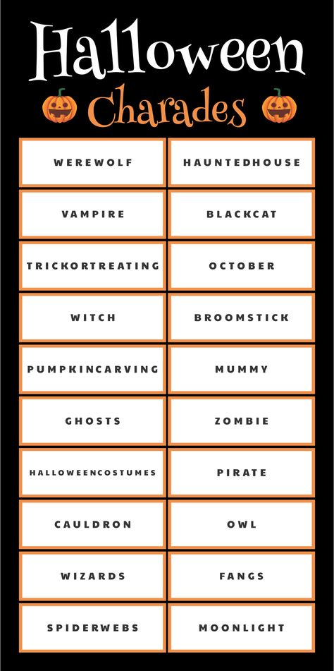 Halloween Charades Halloween Party Ideas Activities Adults, Free Halloween Charades Printable, Halloween Charades For Teens, Halloween Ideas Games, Halloween Icebreaker Games, Halloween Game Printables, Halloween Pictionary For Kids, Halloween Games For Family, Halloween Pictionary Word List