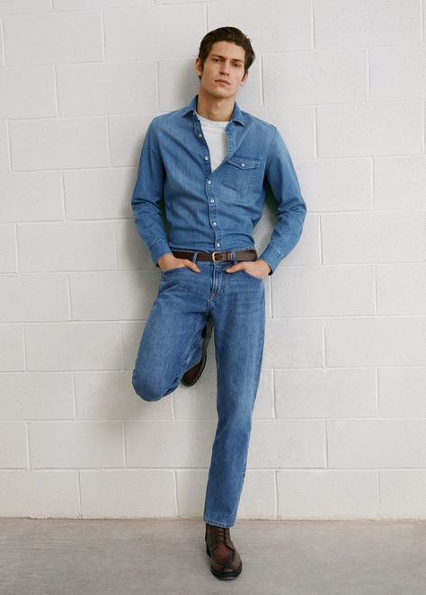 Mango Men ‘Grand Canyon Boy’ Style Edit | The Fashionisto Denim On Denim Outfit Men, Mens Denim Shirt Outfit, Big Guy Style, Full Denim Outfit, Mango Men, Men Vintage Style, Denim Shirt Outfit, Denim Outfit Men, Man Looks