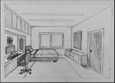 One Point Room Perspective Drawing, Simple Room Drawing Reference, Dream Room Drawing, Gaming Room Drawing, Room Perspective Drawing Reference, Bedroom Easy Drawing, Bedroom Reference Drawing, How To Draw A 3d Room, One Perspective Drawing Room