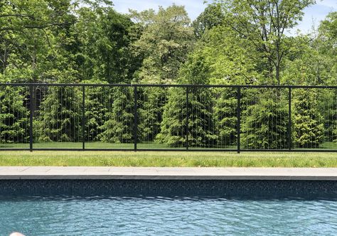 Cable Railing Pool Fence, Waterfront Fencing Ideas, Country Pool Fence, Cable Pool Fence, Waterfront Fence Ideas, Fences That Don't Obstruct View, Fences Around Pools Ideas, Modern Pool Fence, Wrought Iron Pool Fence