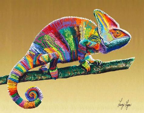 Canvas Tote Bag Ideas, Chameleon Painting, Frilled Lizard, Chameleon Art, Cute Gecko, Chameleon Lizard, Bright Paintings, Chameleons, Colourful Art