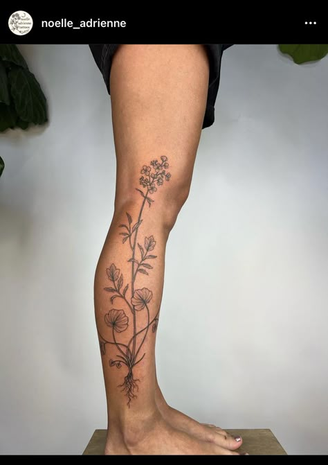 Nature Patchwork Leg Tattoo, Simple Flower Leg Tattoo, Lower Leg Flower Tattoo, Flower Leg Tattoos Women, Flower Calf Tattoo, Unique Leg Tattoos Women, Side Calves Tattoos For Women, Side Calf Tattoos For Women, Floral Leg Tattoo