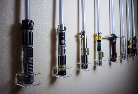 Lightsaber Display Diy, Star Wars Lightsaber Wall Display, Lightsaber Holder, Lightsaber Display, Lightsaber Collection, Lightsaber Wall Mount, Gray Jedi, Message To My Husband, Galaxy's Edge Lightsaber