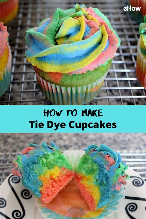 Diy Tie Dye Cupcakes, Tye Dye Icing How To Make, Tiedye Cupcake Frosting, Tie Dye Frosting How To Make, Tye Dye Cupcakes Frosting, Tie Dye Icing Technique, Tie Dye Snacks, The Dye Cupcakes, Tye Dye Food