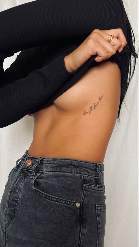 I Love You Hip Tattoo, Still I Rise Rib Tattoo, Womens Ribcage Tattoos, Knicker Line Tattoo, Dainty Above Knee Tattoo, Back Stamp Tattoo, Minimalist Tattoo Collar Bone, Tattoo On Breast Women, Small Tattoos Ribs