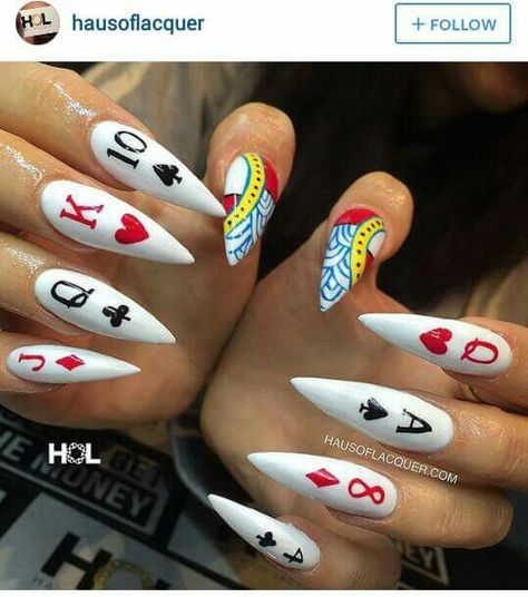 Stiletto nails | playing cards nail art | ghetto nails | long nails Fashionable Nails, Vegas Nails, Inspiration Nails, Stiletto Nail Art, Stiletto Nails Designs, Nails Fashion, Designs Nail, Nail Swag, Polish Colors