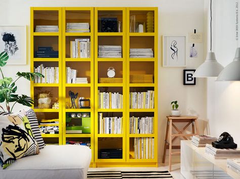 ikea's best from creamy life Yellow Bookshelves, Ikea Yellow, Interior Ikea, Billy Ikea, Writing Room, Billy Bookcase Hack, Ikea Billy Bookcase Hack, Ikea Bookcase, Ikea Bookshelves