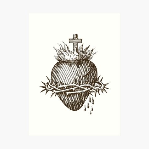 Get my art printed on awesome products. Support me at Redbubble #RBandME: https://www.redbubble.com/i/art-print/Sacred-Heart-of-Jesus-by-Beltschazar/79775008.1G4ZT?asc=u Sacred Heart Woodcut, Sacred Heart Line Art, Sacred Heart Sketch, Immaculate Heart Of Mary Art, Sacred Heart Of Jesus Tattoo, Sacred Heart Of Jesus Art, Traditional Tattoo Old School, Mary Art, Mary Tattoo