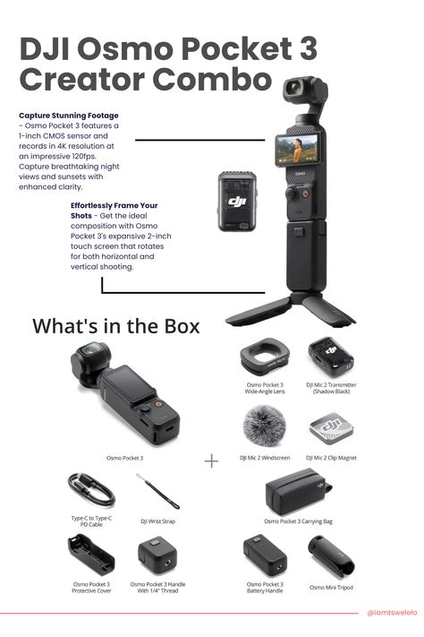 DJI Osmo Pocket 3 Creator Combo with 1'' CMOS, 4K/120fps video, and 3-axis stabilization, ideal for vlogging and photography. Dji Osmo Pocket 3 Creator Combo, Youtube Camera Setup, Dji Pocket 3, Dji Osmo Pocket 3 Aesthetic, Dji Osmo Pocket 3, Gopro Photography Ideas, Dji Camera, Camera Amazon, Best Vlogging Camera