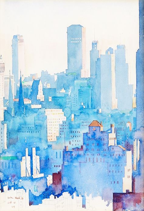 john held jr. I934 new york skyline watercolor and pencil on paper Watercolor Art Diy, Skyline Painting, Watercolor City, Watercolor Architecture, City Painting, Architectural Sketch, Collaborative Art, Pencil On Paper, Cityscape Painting