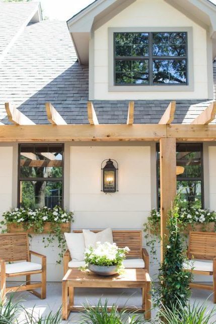 Exterior Renovation Plan – Halfway Wholeistic Front Porch Inspiration, Wood Pergola, Farmhouse Front Porches, Exterior Renovation, Exterior Makeover, Pergola With Roof, Casa Exterior, Farmhouse Front, Pergola Plans