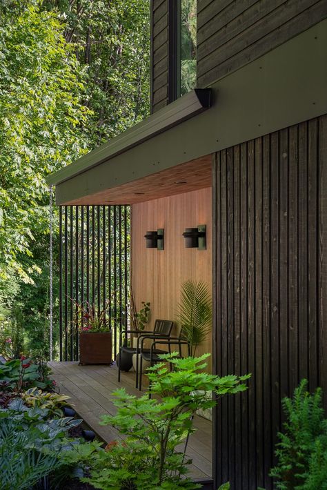 1940s House Exterior, Hood Canal Washington, 1940s Beach, 1940s House, 1940s Home, Modern Outdoor Spaces, Hood Canal, Brick Chimney, Railings Outdoor