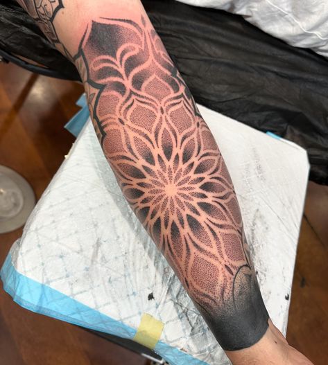 Large dotwork mandala made today @whistlerstreettattoo on @lifesadrum’s progressing sleeve. - Bookings always open, please use the contact page on my website. - Made using only the best @stoneagetattoomachine & @metrixtattoo cartridges - - #geometrictattoo #ornamentaltattoo #mandalatattoo #dotworktattoo #mandala #sydney #australia #armtattoo Calf Mandala Tattoo, Forearm Mandala Tattoo, Mandala Tattoo Men, Calf Tattoo Men, Dotwork Mandala, Forearm Sleeve, Calf Tattoo, Contact Page, Dot Work Tattoo