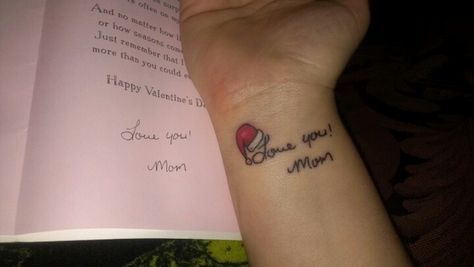 In memory of my dear mother. Now I will be in constant reminder of her love for me. I added the Santa hat to symbolize her love of Christmas and Santa Claus. Santa Hat Tattoo, Hat Tattoo, Love For Me, Stick And Poke, Santa Clause, Birthday Nails, Santa Hat, Tattoo Design, Happy Valentine