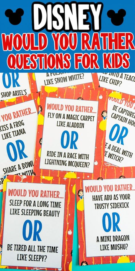 Have you ever played the would you rather game? These Disney would you rather questions will have everyone giggling as you choose between two tough choices! Would You Rather Game, Eating Spaghetti, Disney Activities, Questions For Kids, Kids Questions, Rather Questions, Disney Classroom, Would You Rather Questions, Party Plan