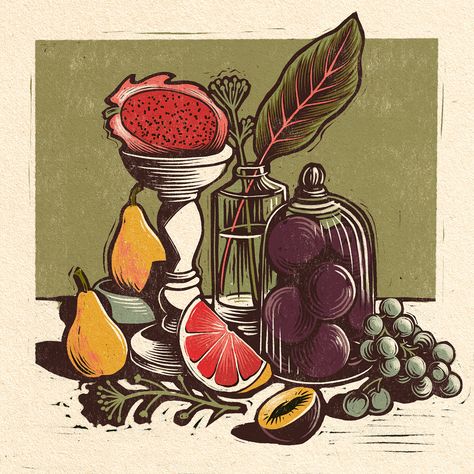 Still Life Illustrations on Behance Poster Art Ideas, Cocktail Illustration, Berlin Design, Drawing Procreate, Digital Art Drawing, Linocut Printmaking, Food Illustration Art, Linocut Art, Design Studios