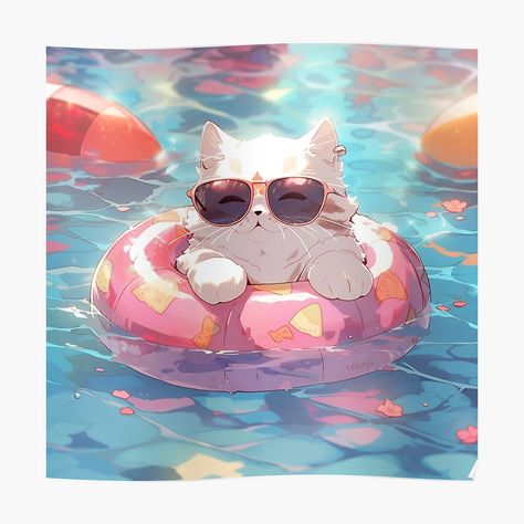 Swimming Pool Drawing, Cat Swimming, Pool Drawing, Kitten Stickers, Cyberpunk Girl, Chibi Girl, Animal Stickers, Patterned Throw Pillows, Cat Stickers