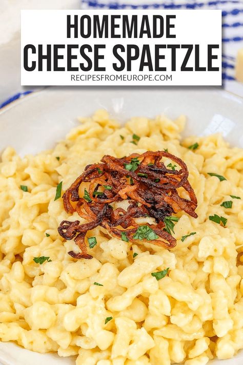 Want to make delicious and cheesy Käsespätzle? This classic German cheese spaetzle recipe is easy to make and topped with crispy onions! #comfortfood #germanrecipes Spetzel Recipe, German Soup Recipes, Grammas Recipes, Spaetzle Recipes, German Meals, German Soup, International Meals, Cheese Spaetzle, German Cheese