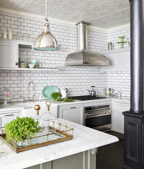 So in love with the gold platter on the counter. Such a beautiful touch of green in the kitchen. White Tin Ceiling Kitchen, Tin Tile Ceiling Kitchen, Tin Ceiling In Kitchen, Ceiling Wallpaper Kitchen, Wallpaper Kitchen Ceiling, Wallpaper Ceiling Kitchen, Kitchen Ceiling Tiles, Tin Ceiling Tiles Kitchen, Painted Tin Ceiling