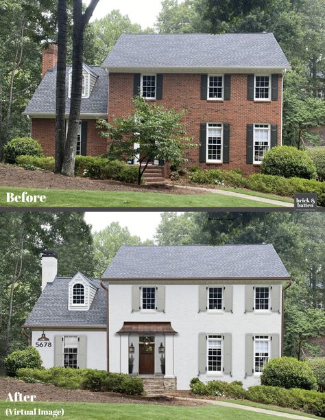 Transitional Style Home Exterior, Brick House Exterior Makeover, Painted Brick Exteriors, Colonial House Exteriors, Painted Brick House, Exterior Home Design, House Makeovers, Entrance Ideas, Colonial Exterior