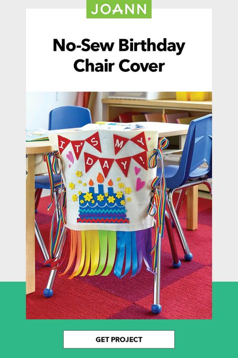 Make the birthday boys & girls feel special! This birthday chair cover is the perfect addition for your classroom celebrations. Shop fabric, ribbons & more to make it at Joann. Birthday Chair Classroom, Birthday Chair Cover Classroom, Classroom Chair Covers, Student Birthday Ideas, Birthday Chair Cover, Classroom Birthday Treats, Diy Birthday Crown, Classroom Bulletin Boards Elementary, Birthday Quilt