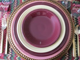 Goodbye Claret Fiesta(ware) Tablescape: features Claret Fiesta® Dinnerware mixed with Rose and Ivory Fiesta® Dinnerware | The Welcomed Guest Fiesta Dinnerware, Homer Laughlin, Place Settings, Tablescapes, Dinnerware, Dining Room, Bowl, Tableware