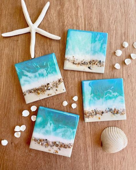 Dani Caruso 💧Resin Designs on Instagram: "Beach Coasters  Mixed media art on 4.5”x4.5” tiles Real crushed shells and sand from St Augustine beach  Sealed with a food-safe/grade epoxy resin  #coastaldecor #homedecor #oceanart #beachart #resinart #handmadecoasters #artisanmade #commissionswelcome #giftideas #treatyourself" Resin Shells, Coaster Painting, Resin Beach Art, Saint Augustine Beach, St Augustine Beach, Beach Coasters, Resin Beach, Shells And Sand, Resin Ideas