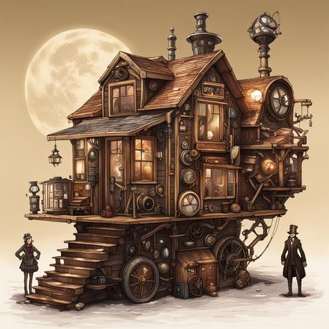 Steam Punk Buildings, Steam Punk House, Steam Punk City, Steampunk House Concept Art, Steam Punk Drawing, Steampunk Mc Builds, Steampunk Hideout, Steampunk Architecture, Steampunk Workshop Concept Art