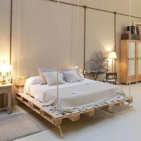 DIY pallet bed ideas - Practical and stylish ideas for comfortable sleeping area | My desired home Bed Made Out Of Pallets, Outdoor Hanging Bed, Wooden Pallet Beds, Pallet Bed Frames, Pallet Bed Frame, Design Ložnic, Diy Pallet Bed, Hiasan Bilik Tidur, Pallet Beds