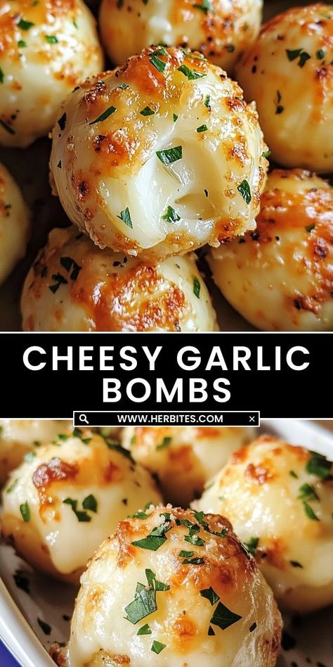 These Cheesy Garlic Bombs are the ultimate indulgent treat! Soft, fluffy dough is filled with gooey cheese and topped with a rich garlic butter glaze, baked to golden perfection. Perfect as a side dish, appetizer, or snack—these bite-sized, savory bombs will have everyone coming back for more! Garlic Cheese Bombshell, Brazi Bites Recipes, Garlic Breads, Savory Finger Foods, Fast Appetizers Easy, Cheesy Bites, One Bite Appetizers, Fun Appetizers, Garlic Cheddar