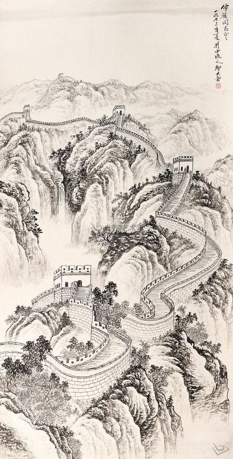 Chinese Drawings, Architecture Drawing Sketchbooks, Abstract Coloring Pages, Landscape Tattoo, Chinese Art Painting, Pirate Art, Fantasy Wall Art, Princess Drawings, Great Wall Of China