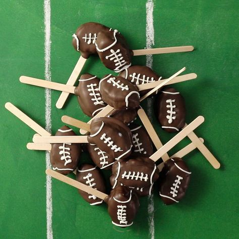 Football Game Snacks, Cookie Dough Pops, Football Desserts, Chocolate Covered Cookie Dough, Tailgate Treats, Pizza Cups, Chocolate Covered Cookies, Football Cookies, Peanut Butter Roll