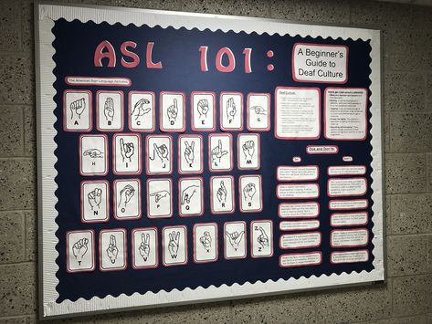 ASL 101 Bulletin Board - all the information was taken from my Signing Naturally textbook used in my ASL 1 class! Inclusion Board Ideas, Asl Teacher Classroom, Sign Language Classroom Decorations, Asl Classroom Decor Ideas, Dei Bulletin Boards, Sign Language Bulletin Board Ideas, Asl Classroom Decor, Asl Bulletin Board Ideas, Asl Decor