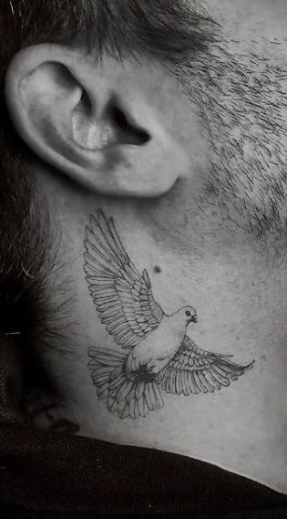 Dove Open Wings Tattoo, Tattoo Doves Flying, Men’s Dove Tattoo, Dove Rib Tattoo, Dove Tattoo On Neck, Bird Angel Tattoo, Pigeon Tattoo Men, Detailed Dove Tattoo, Pegion Bird Tattoo